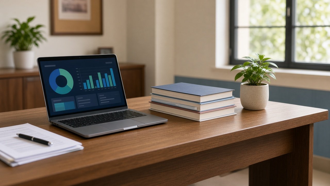 A school office desk with the day’s work on one screen
